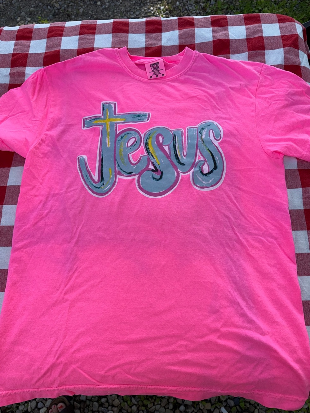 Comfort Colors Neon Pink Short Sleeve Tee with 'Jesus' Multicolor Graphic